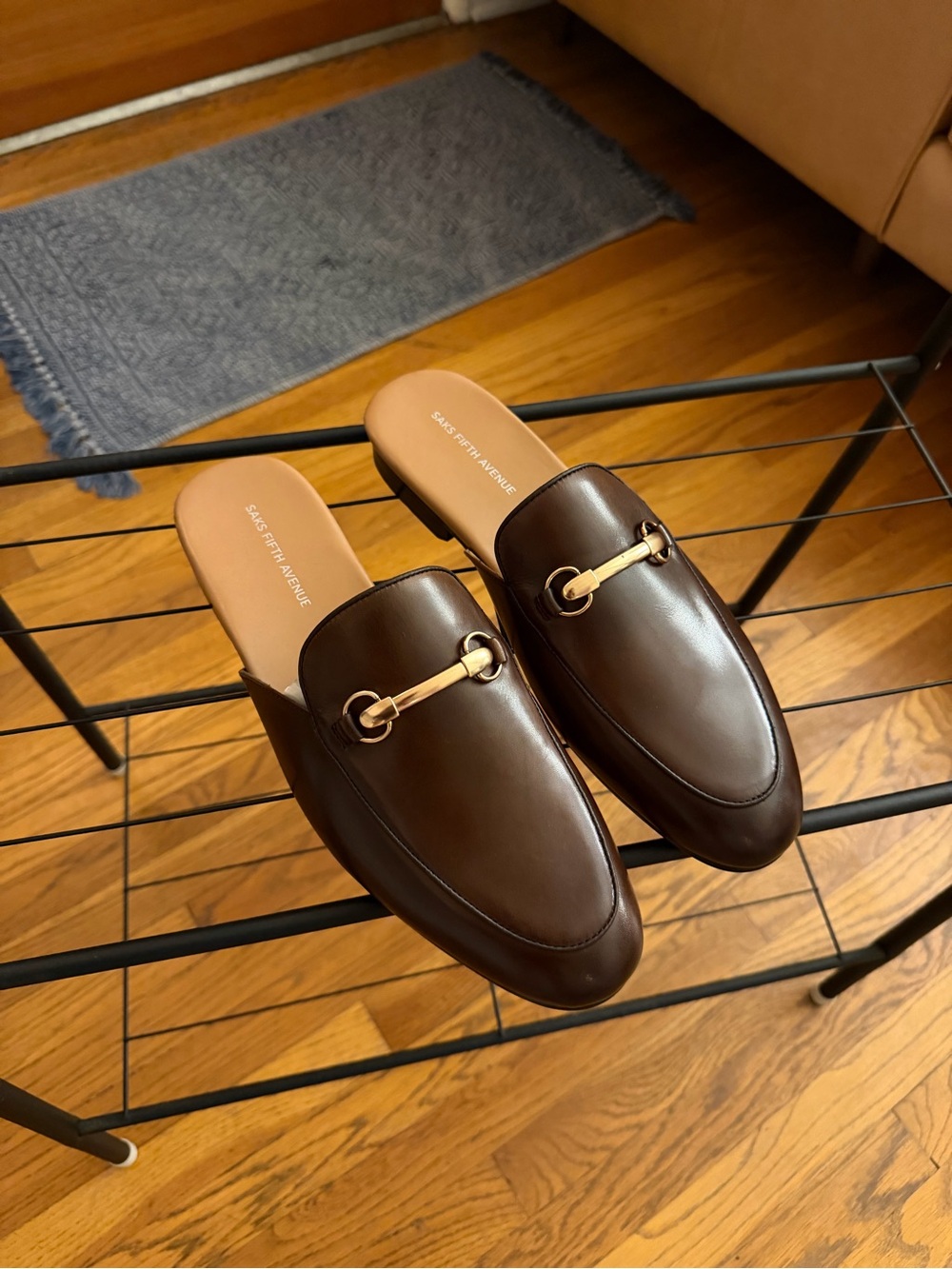 NWT Saks Fifth Avenue Brown Leather Gold Horsebit Mules Loafer Slides 10.5